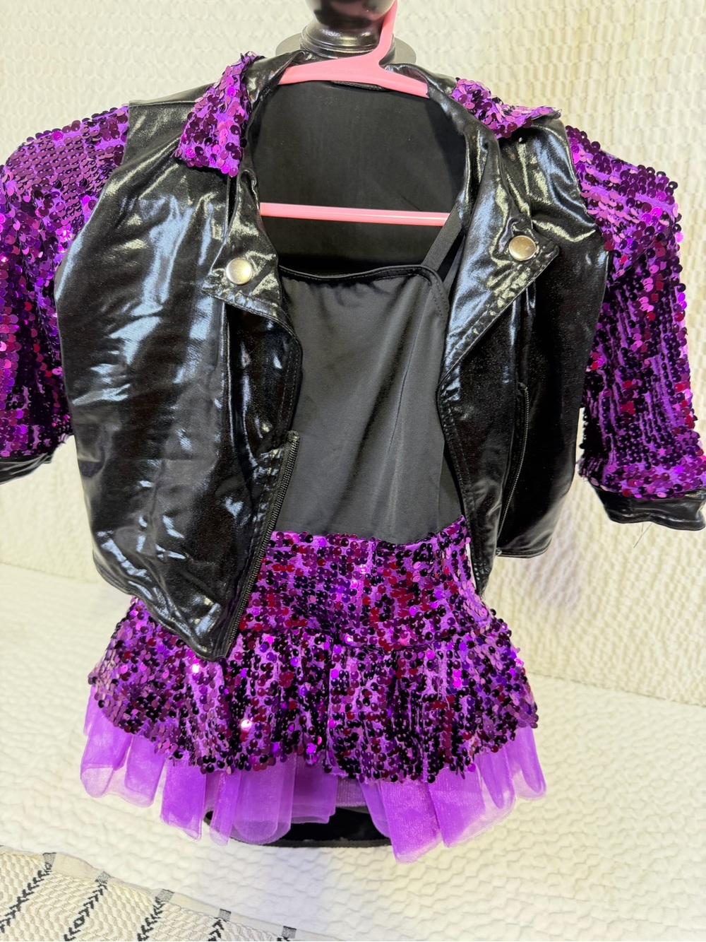 Weissman Purple Sequin Dance Set with Black Faux Leather Jacket